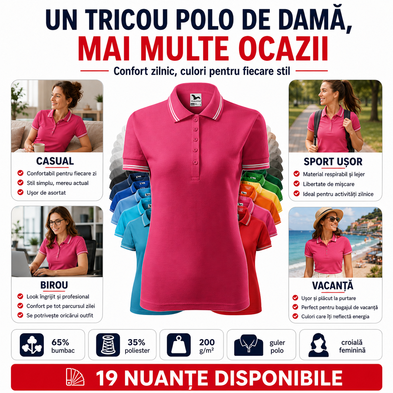 Tricou polo damă Malfini Urban 220 potrivit pentru birou, casual, sport ușor și vacanță